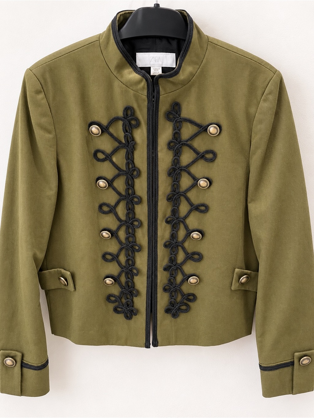 ZARA Women Olive Military Jacket with Black Braided Trim Size M